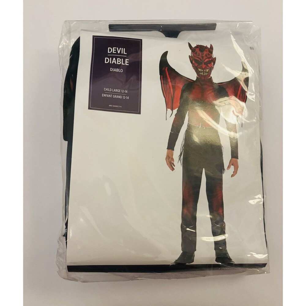 NEW Devil Demon Halloween Costume Child Large 12-14 Jumpsuit Wings Mask Belt